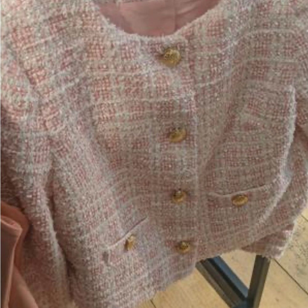 Express Women's Pink and White Tweed Jacket - Picture 8 of 11